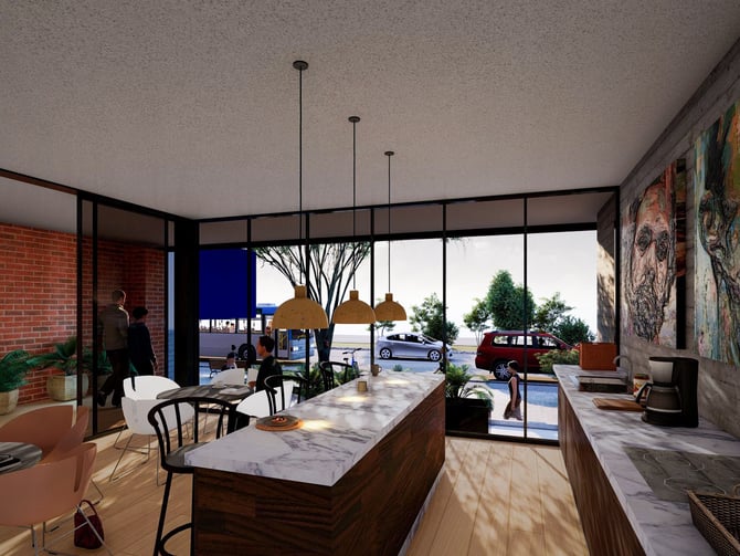 Modern open-plan kitchen and living area with marble island, pendant lights, brick wall, large windows overlooking street, and abstract artwork.